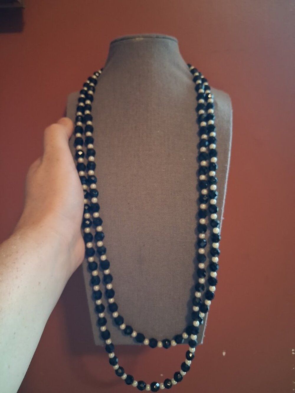 Long 58 inch Black & white beaded necklace